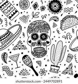 Mexican doodle vector seamless pattern. Hand drawn painted skull and Mexican sombrero and fiesta elements pattern