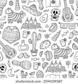 Mexican doodles monochrome seamless pattern for coloring pages, wrapping paper, stationery, backgrounds, wallpaper, digital paper, etc. EPS 10