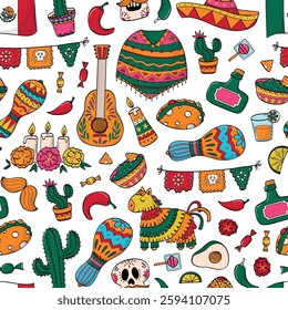 Mexican doodles seamless pattern for cinco de mayo, day of the dead textile prints, wallpaper, backgrounds, scrapbooking, stationery, wrapping paper, etc. EPS 10