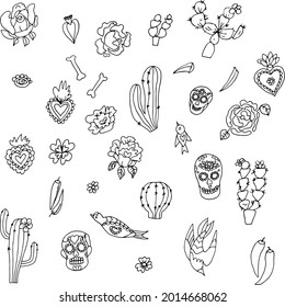 Mexican Doodles. Set of vector characters and symbolic mexican clipart