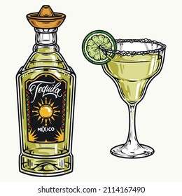 Mexican drink set with closed tequila bottle and margarita glass with salt and lime on rim, vector illustration