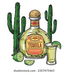 Mexican drink tequila flyer colorful with bottle and shot glass with agave beverage near cactus and lime slices vector illustration