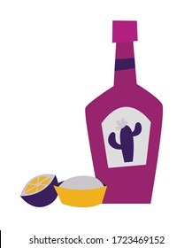 Mexican drink tequila vector illustration. Drawing bottle of tequila, slice of lime and salt. Isolation icon on white background