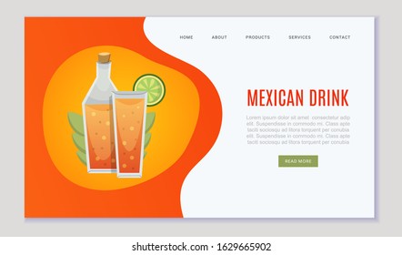 Mexican drinks and alcohol pub web template on mexica orange colors vector illustration. Mexican club with alcoholic drinks in mexican style website.