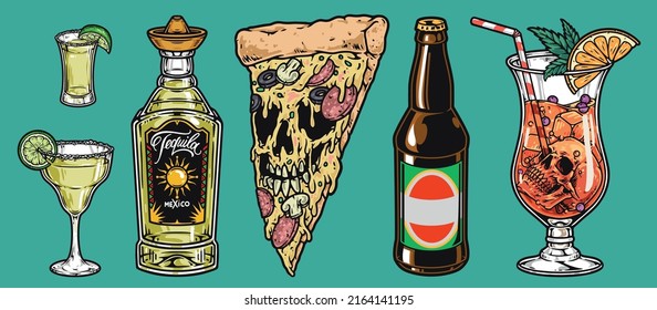 Mexican drinks set colorful vintage sketch alcoholic cocktails with lime and bottles tequila with pizza for night parties vector illustration