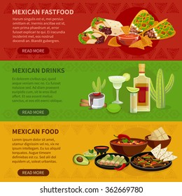 Mexican drinks snacks and famous dishes informative interactive horizontal banners set webpage flat abstract vector isolated illustration 