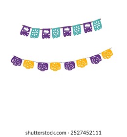 Mexican elements for invitation card, posters and banners. Hand drawn ornate flags with flowers, leaves and skull.