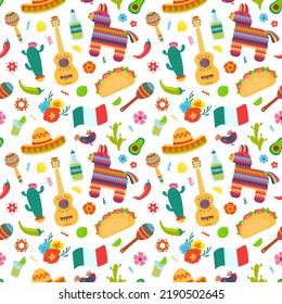 Mexican elements seamless pattern. Sombrero, guitar and cactus, tequila and chili traditional american culture symbols vector texture. Holiday celebration with traditional Mexican symbols