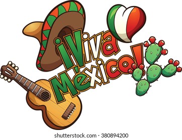 Mexican elements set up in a banner reading "Viva Mexico!". Vector clip art illustration with simple gradients. Each element on a separate layer.