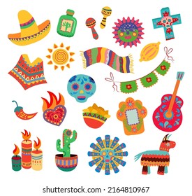 Mexican elements set. Colorful traditional Mexico signs, objects and stickers with ethnic ornament design sombrero, guitar, skull, cactus isolated on white background. Vector illustration