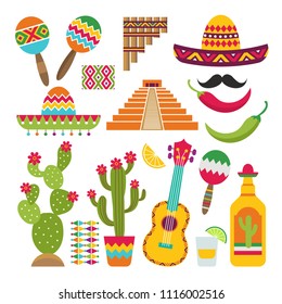 Mexican elements. Set of traditional Mexican symbols for various design projects. Vector cactus and pyramid, pepper and tequila illustration