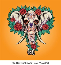 Mexican Elephant Skull Decorated With Roses And Leaves vector illustrations for your work logo, merchandise t-shirt, stickers and label designs, poster, greeting cards advertising business company