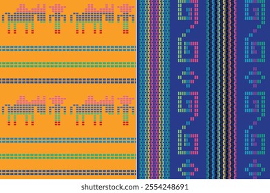 Mexican embroidered textile vector, donkey and peasant embroidery and colorful fretwork, Pattern on yellow and blue background