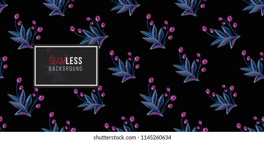 Mexican embroidery branch seamless pattern. Traditional elements on dark repeatable background. Watercolor style illustration on black backdrop.