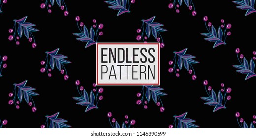 Mexican embroidery branch seamless pattern. Traditional elements on dark repeatable background. Watercolor style illustration on black backdrop.