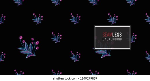 Mexican embroidery branch seamless pattern. Traditional elements on dark repeatable background. Watercolor style illustration on black backdrop.