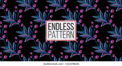 Mexican embroidery branch seamless pattern. Traditional elements on dark repeatable background. Watercolor style illustration on black backdrop.
