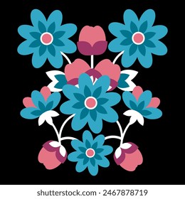 Mexican embroidery bright flowers on a black background 