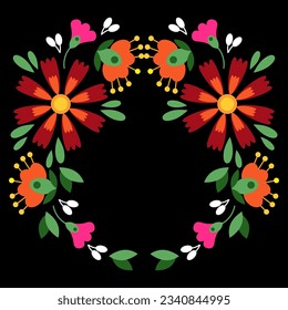 Mexican embroidery of flowers in the form of a circle on a black background