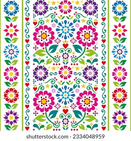 Mexican embroidery folk art style vector seamless pattern with flowers, leaves and geometric shapes, vertical design perfect for wallpaper, textile or fabric print. Retro colorful floral ornament 