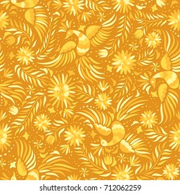 Mexican embroidery golden seamless pattern. Gold ethnic pattern. Birds and flowers golden background. Floral background with ethnic ornament.