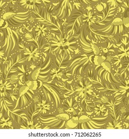 Mexican embroidery golden seamless pattern. Gold ethnic pattern. Birds and flowers golden background. Floral background with ethnic ornament.