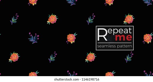 Mexican embroidery marigold flowers with floral branches seamless pattern. Traditional elements on dark repeatable background. Watercolor style illustration on black backdrop.