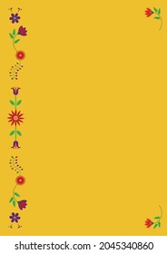 Mexican embroidery Otomi Tenango  style floral composition with copy space for text. Vector ethnic floral design.Yellow background and colorful border. For cover, card, invitation, banner, restaurant 