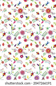 Mexican embroidery Otomi Tenango style seamless pattern. Colorful ethnic floral background for greeting card, wedding and birthday invitation, boho textile.