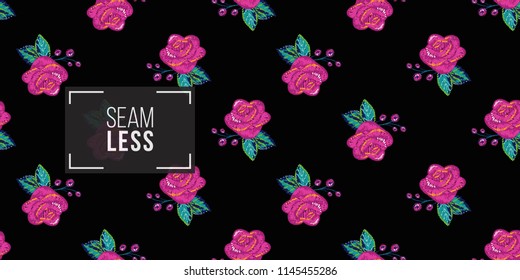 Mexican embroidery rose seamless pattern. Traditional elements on dark repeatable background. Watercolor style illustration on black backdrop.