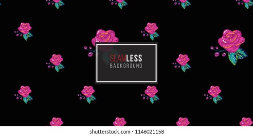 Mexican embroidery rose seamless pattern. Traditional elements on dark repeatable background. Watercolor style illustration on black backdrop.