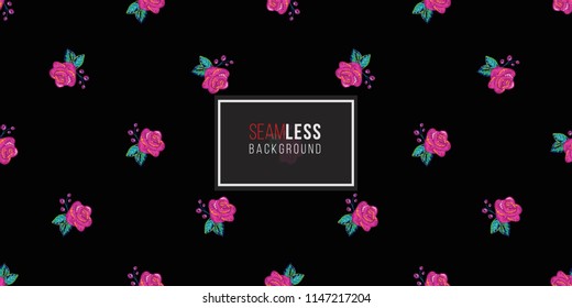 Mexican embroidery rose seamless pattern. Traditional elements on dark repeatable background. Watercolor style illustration on black backdrop.