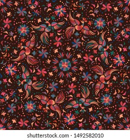 Mexican embroidery seamless pattern. Colorful and ornate ethnic pattern. Birds and flowers light background. Floral background with dark ethnic ornament.