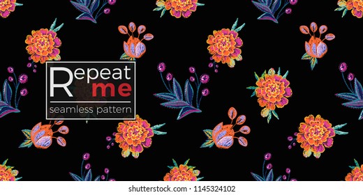 Mexican embroidery seamless pattern with marigold flowers with floral branches. Traditional elements on dark repeatable background. Watercolor style illustration on black backdrop.