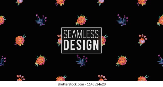 Mexican embroidery seamless pattern with marigold flowers with floral branches. Traditional elements on dark repeatable background. Watercolor style illustration on black backdrop.