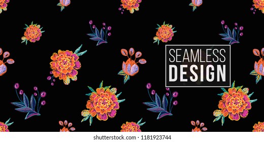 Mexican embroidery seamless pattern with marigold flowers with floral branches. Traditional elements on dark repeatable background. Watercolor style illustration on black backdrop.