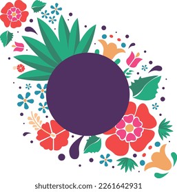 Mexican embroidery style flower frame with purple surround in the center.