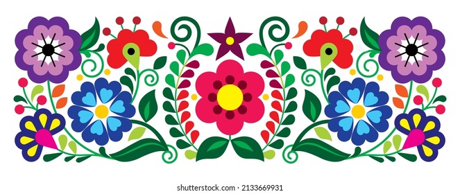 Patrón floral vectorial de bordado mexicano, adorno colorido inspirado en el arte folclórico de México, arte tradicional vibrante fondo. Decoración retro única con flores, remolinos y hojas.