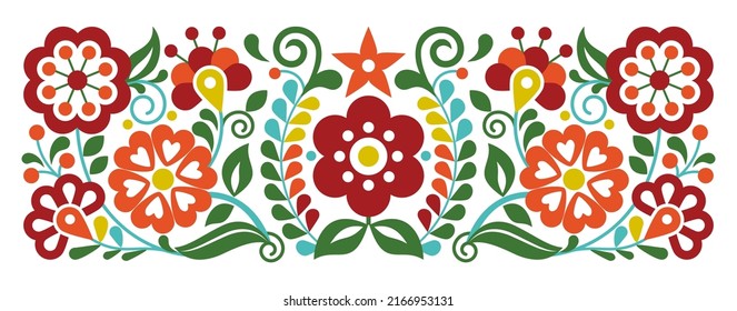 Patrón floral vectorial de estilo bordado mexicano, adorno inspirado en el arte folclórico de México, arte tradicional vibrante de fondo en rojo, amarillo y verde. Decoración retro única con flores y remolinos 