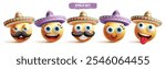 Mexican emoji characters vector set. Emojis Mexico america clip art character in tired, happy, smiling, friendly and naughty facial expression wearing sombrero collection. Vector illustration mexican 