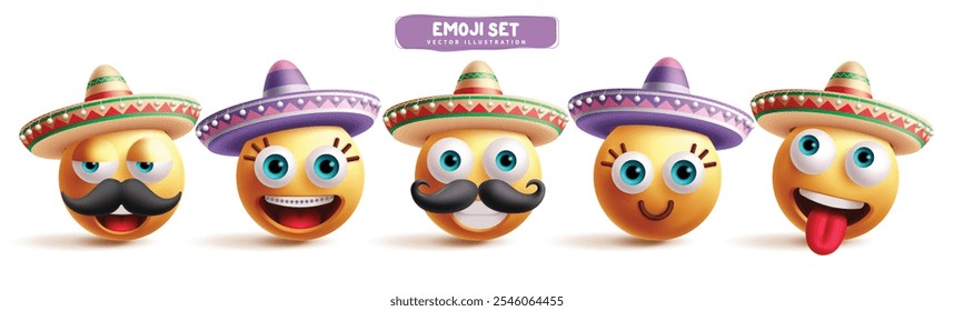 Conjunto de vetores de caracteres emojis mexicanos. Emojis México américa clip art personagem em cansado, feliz, sorridente, amigável e impertinente expressão facial vestindo coleção sombrero. Ilustração vetorial mexicana 