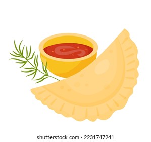 Mexican Empanada with sauce. Traditional popular mexican food. Vector illustration of Latin American national dish for design, gastronomic recipes and menu