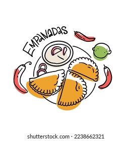 Mexican Empanadas with chili peppers, sauce and lime on white background with abstract colorful shapes. Vector sketch illustration latin american food in linear doodle style for packaging, sublimation