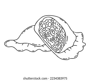 Empanadas mexicanas. La mitad de los maniquíes rotos con relleno de cerca. Dibujo manual lineal de la comida latinoamericana en forma de doodle