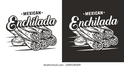 Mexican enchilada vector food with meat and rolled tortilla. Mexico logo or emblem of traditional enchilada or latin food.