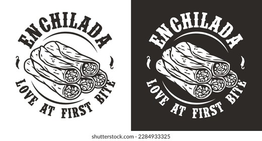 Mexican enchilada vector food with meat and rolled tortilla. Mexico logo or emblem of traditional enchilada or latin food.