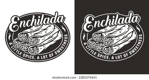 Mexican enchilada vector food with meat and rolled tortilla. Mexico logo or emblem of traditional enchilada or latin food.