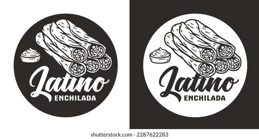 Mexican enchilada vector food with meat and rolled tortilla. Mexico logo or emblem of traditional enchilada or latin food.