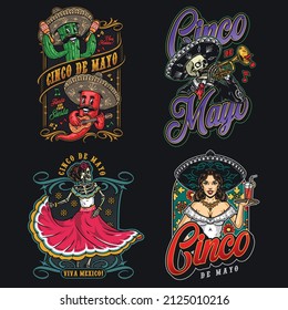 Mexican entertainment colorful vintage labels set with spiny cactus with maracas, chili pepper in sombrero playing guitar, skuleton in charro outfit holding trumpet, skeleton woman in dress, waitress