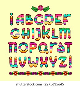 Mexican ethnic colorful alphabet. Modern folk Otomi font. Mexico and Latin America typeface. Colorful bright funky letters. Decorative ornamental font, cartoon style. Vector typeset.